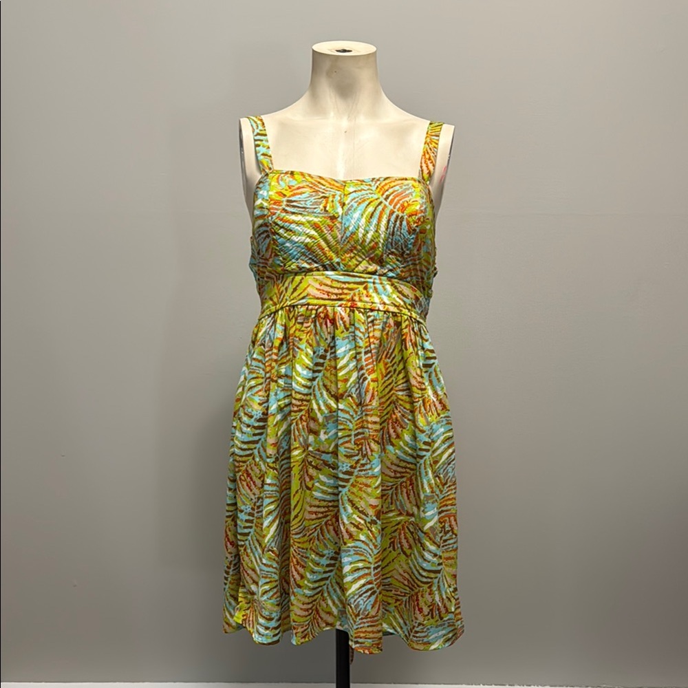 Yellow and Green Pleated Sundress with Square Neck